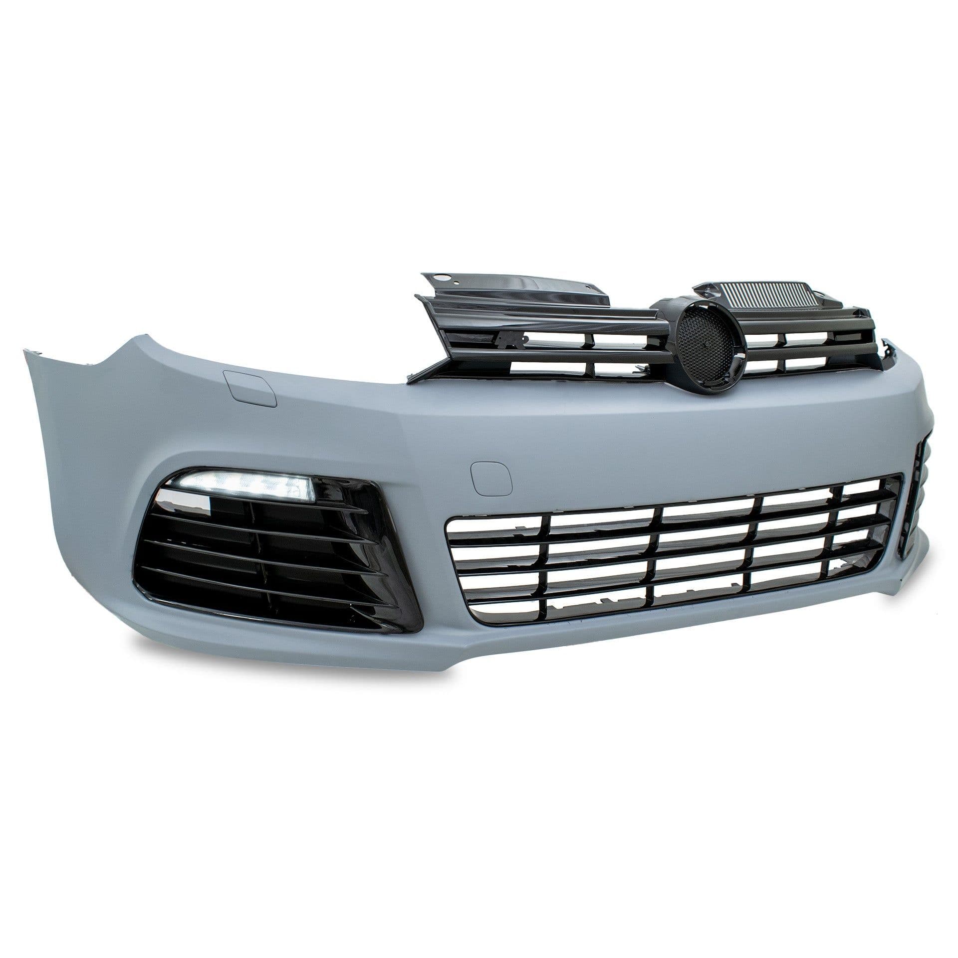 Fascia Volkswagen Golf R-Line 2009-2013 2 Led luz de dia, 2 rejillas, 1 rejilla central, 1 parrilla superior, 1 spoiler inferior, 1 portaplaca Delantera